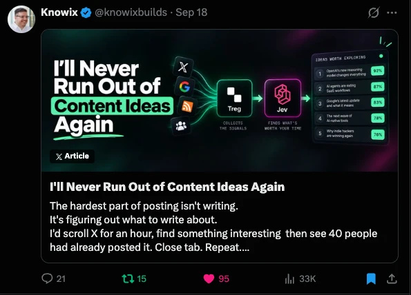 X article: I’ll Never Run Out of Content Ideas Again, built with Treg, 33K views