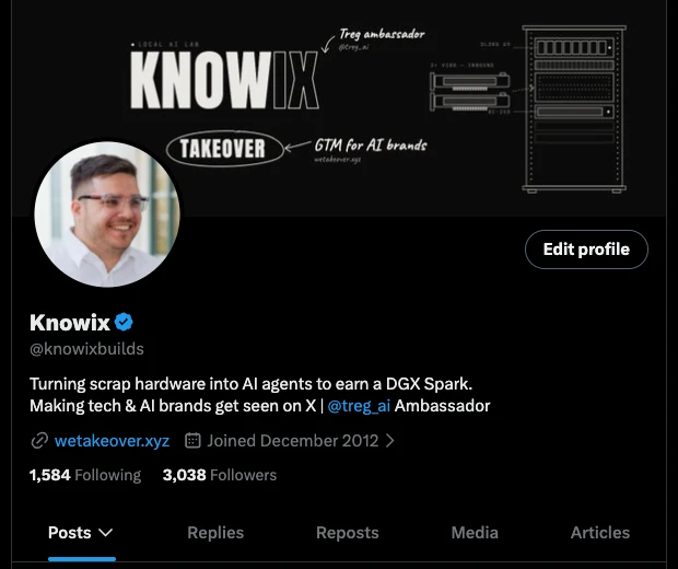 @knowixbuilds X profile with “Treg ambassador” on the banner and “@treg_ai Ambassador” in the bio